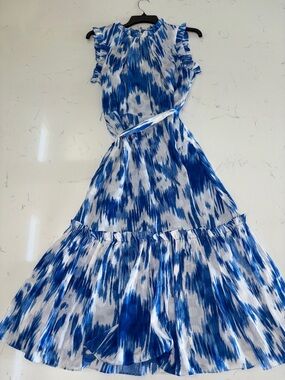 TAHARI Blue & White Tie-Waist Maxi Dress with Ruffle Shoulders